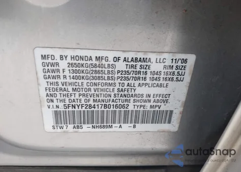 2007 Honda Pilot Ex z USA, uszkodzony, nr VIN 5FNYF28417B016062